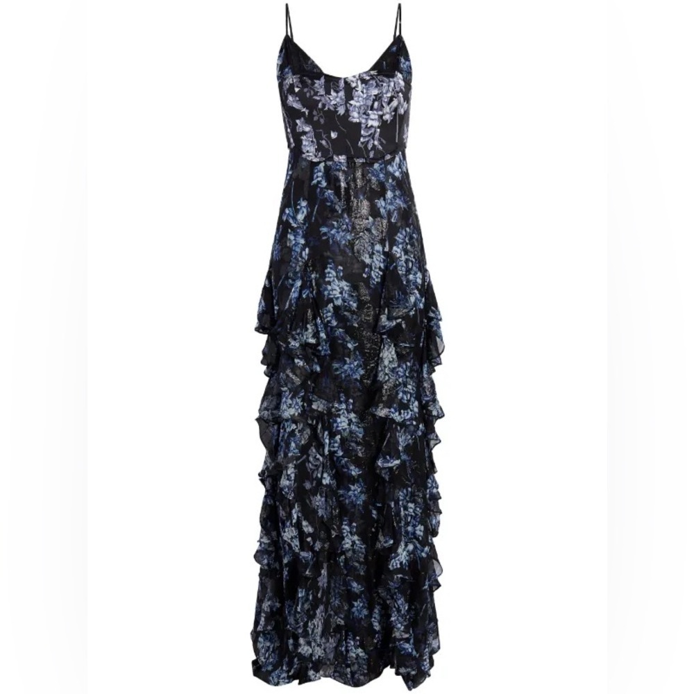 CINQ A SEPT Coastal Floral Glenda Cascading Ruffle Lurex Metallic Dress 12 NWT - Picture 12 of 16